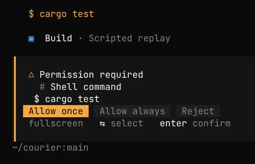 The alforria terminal UI at the same moment: Permission required, shell command cargo test, with Allow once, Allow always and Reject.