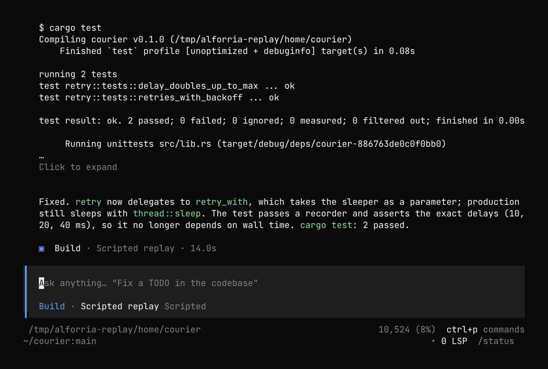 The alforria terminal UI after the bash tool ran cargo test: the test output, collapsed with a click to expand, then the agent's summary.