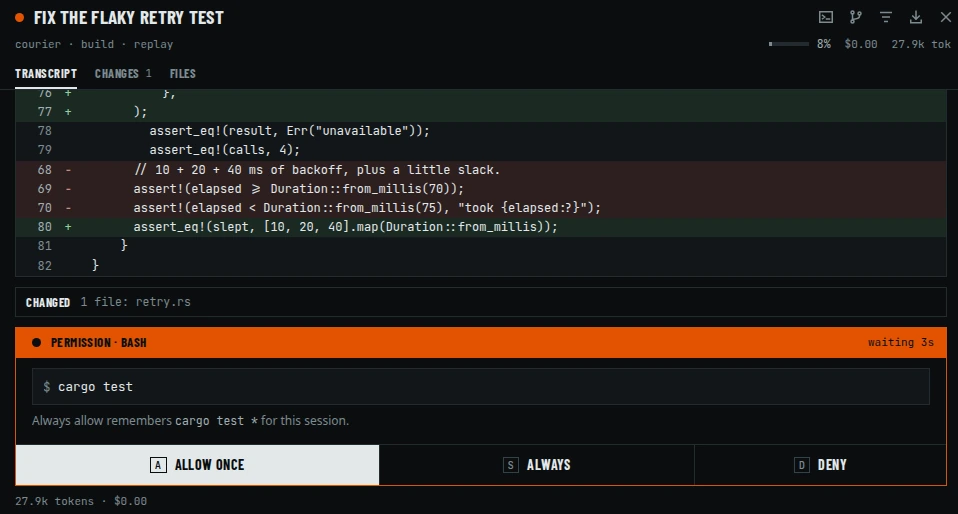 The alforria web client holding the session: the end of the retry.rs diff above a bash permission panel for cargo test, with allow once, always and deny.