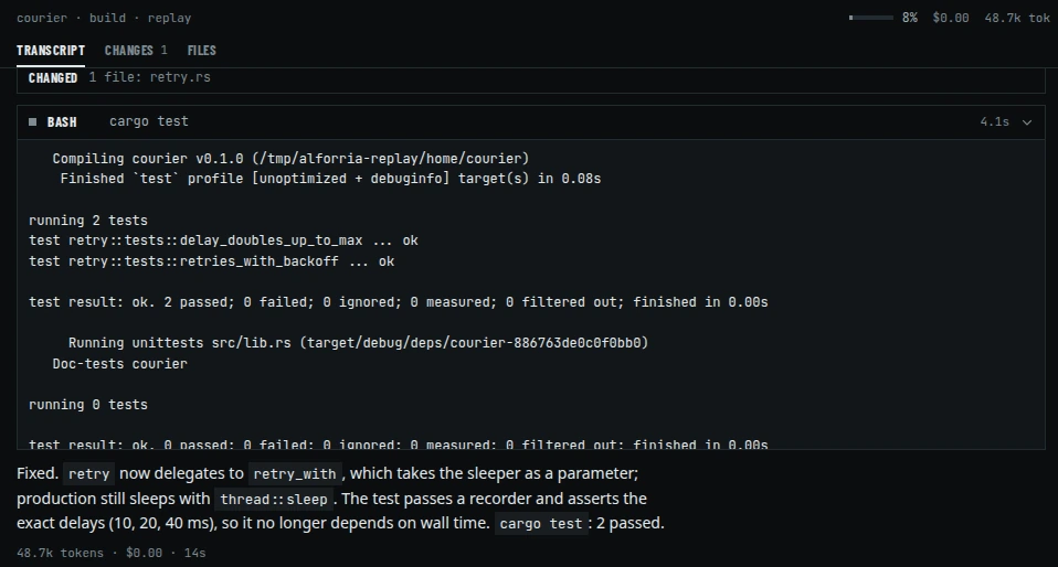 The alforria web client after the tests passed: the cargo test output in a collapsible bash block, then the agent's summary of the fix.