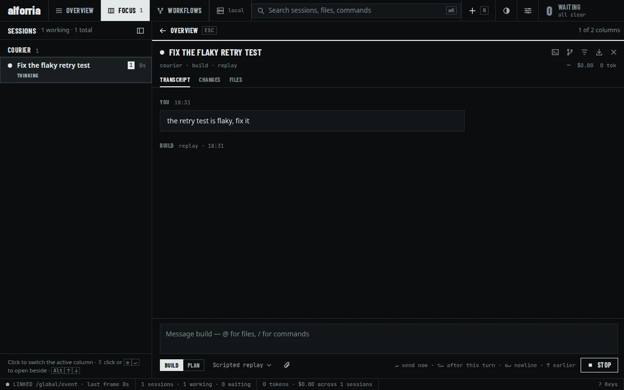 The alforria web client as the recorded session starts.