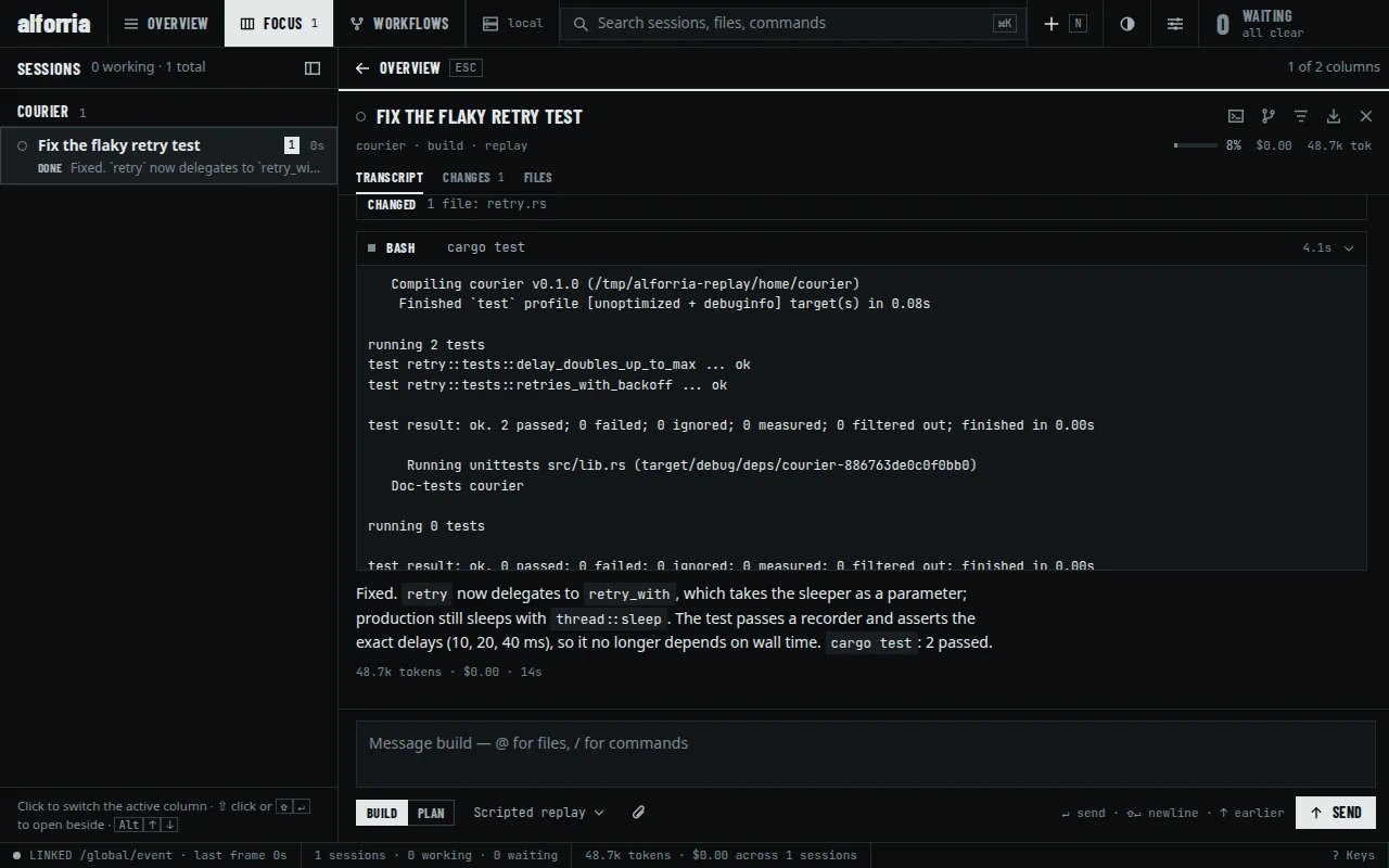 The alforria web client after the recorded session: the agent found a timing-dependent retry test, edited it, ran cargo test with permission, and reported the fix.